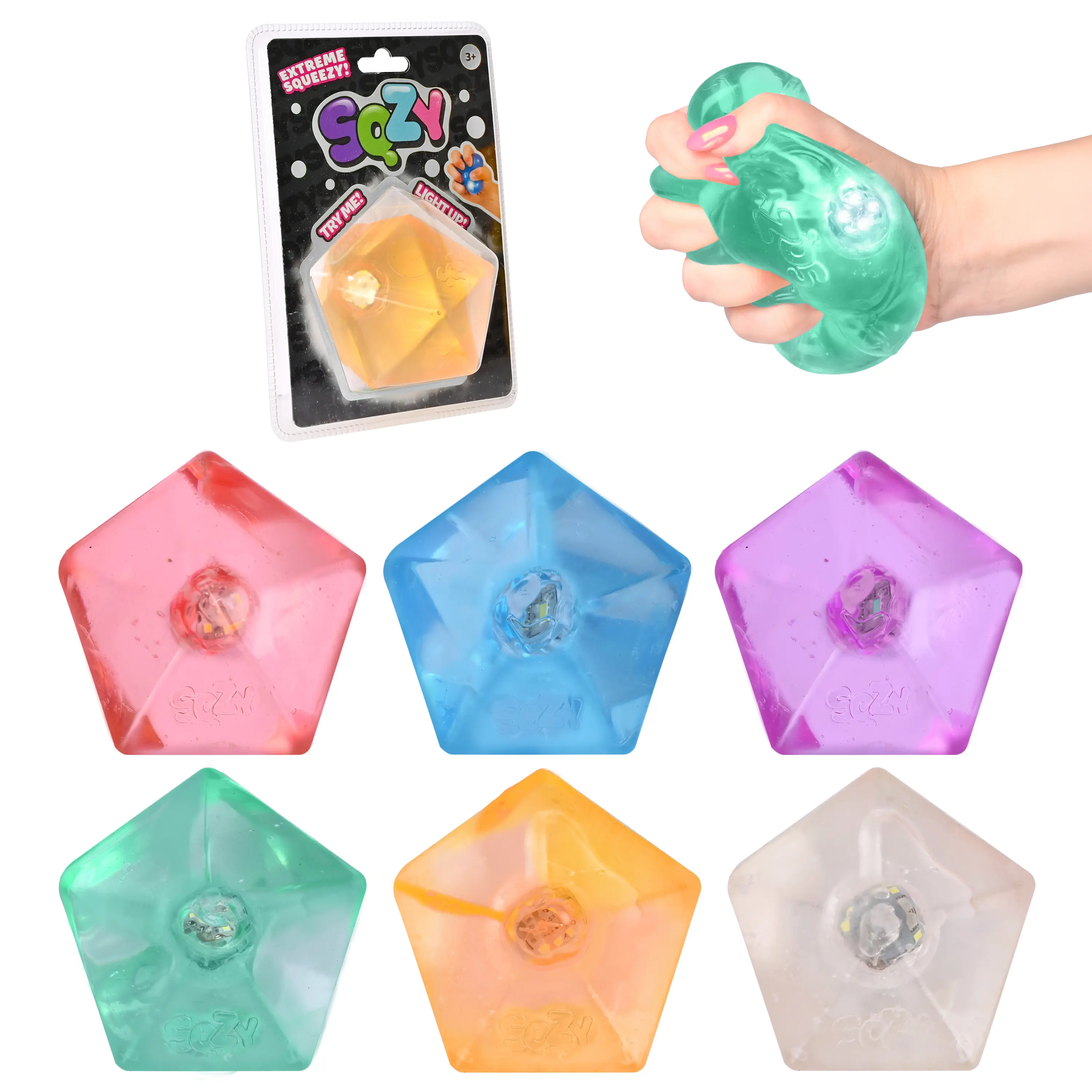 SQZY Decahedron - Light Up Gel Gem Squishy Fidget Toy – Viral Sugar Ball Style, Satisfying Solid Gel Squish, LED Stress Relief Sensory Toy, Anxiety Desk Toy, Kids & Adults - Receive one, Styles May Vary