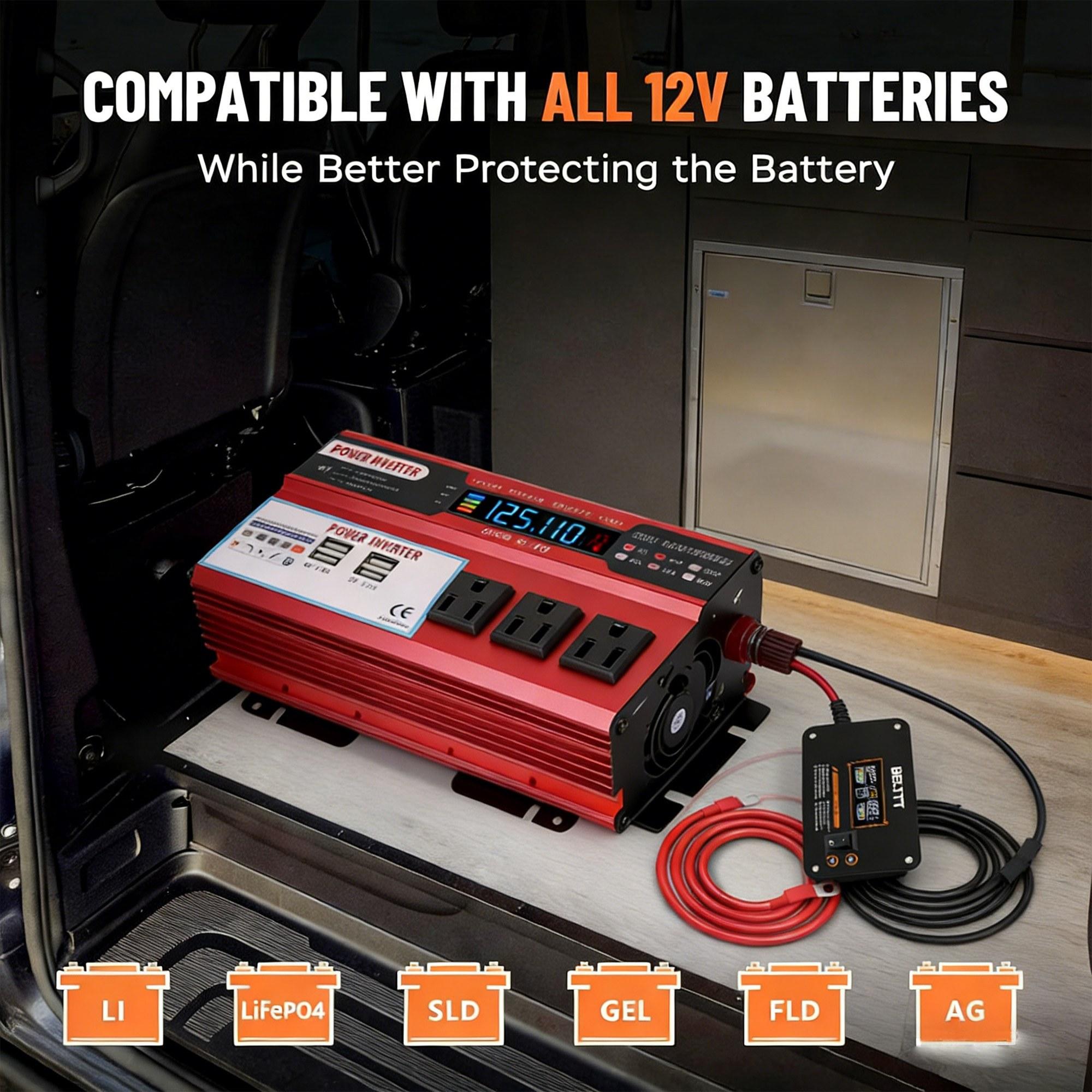DC 12V to 110V AC Car Power Inverter with 3 AC Power Sockets 4 USB Fast Charging Ports 5000W Peak Power Universal Vehicle Charger for RV Truck Boat Camping Outdoor Adventures Road Trip Emergency Power DC 12V to 110V AC Car Power Inverter with 3 AC Power Sockets 4 USB Fast Charging Ports 5000W Peak Power Universal Vehicle Charger for RV Truck Boat Camping Outdoor Adventures Road Trip Emergency Power
