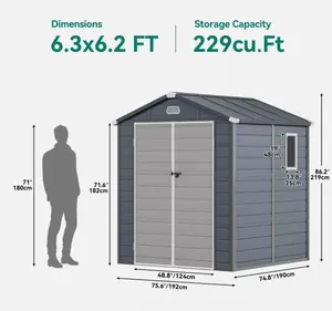 DWVO 6.3x6.2FT / 7.87x6.2FT Outdoor Resin Storage Shed w/o Floor Lockable Doors All-Weather Plastic Shed