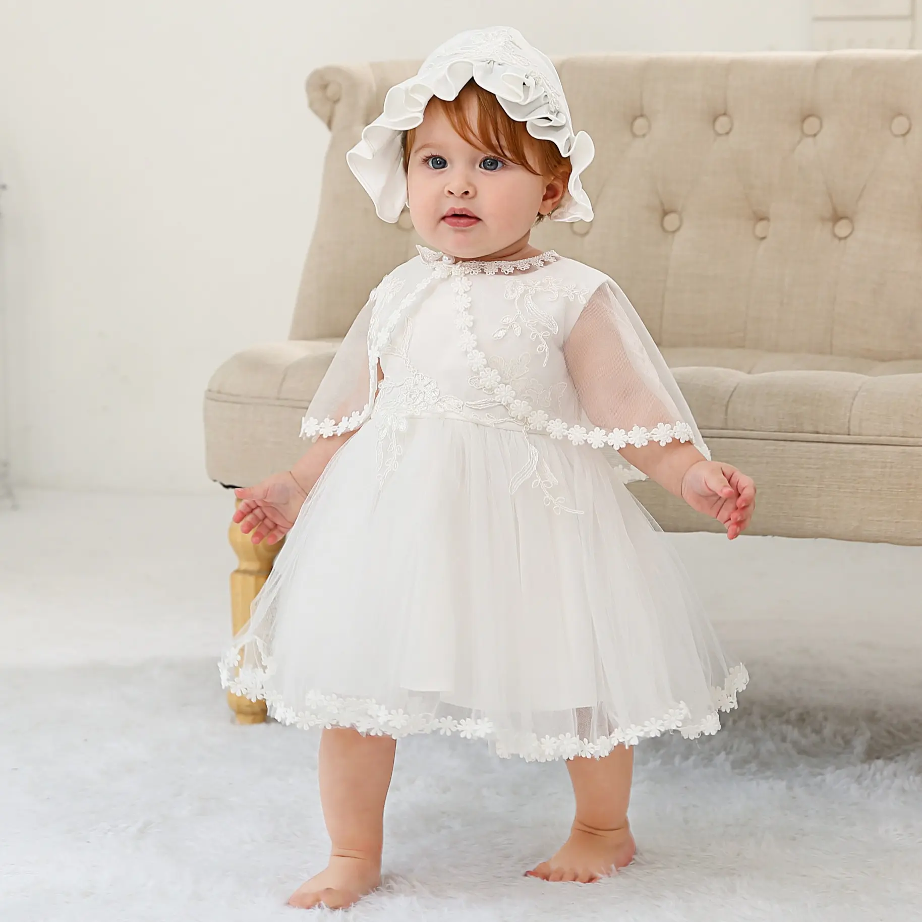 Baby Girls Christening Baptism Dress Formal Gowns Outfit Tulle Flower Girl Wedding Birthday Pageant Party Dresses With Lace Embroidered Cape Baby Clothing