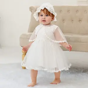 Baby Girls Christening Baptism Dress Formal Gowns Outfit Tulle Flower Girl Wedding Birthday Pageant Party Dresses With Lace Embroidered Cape