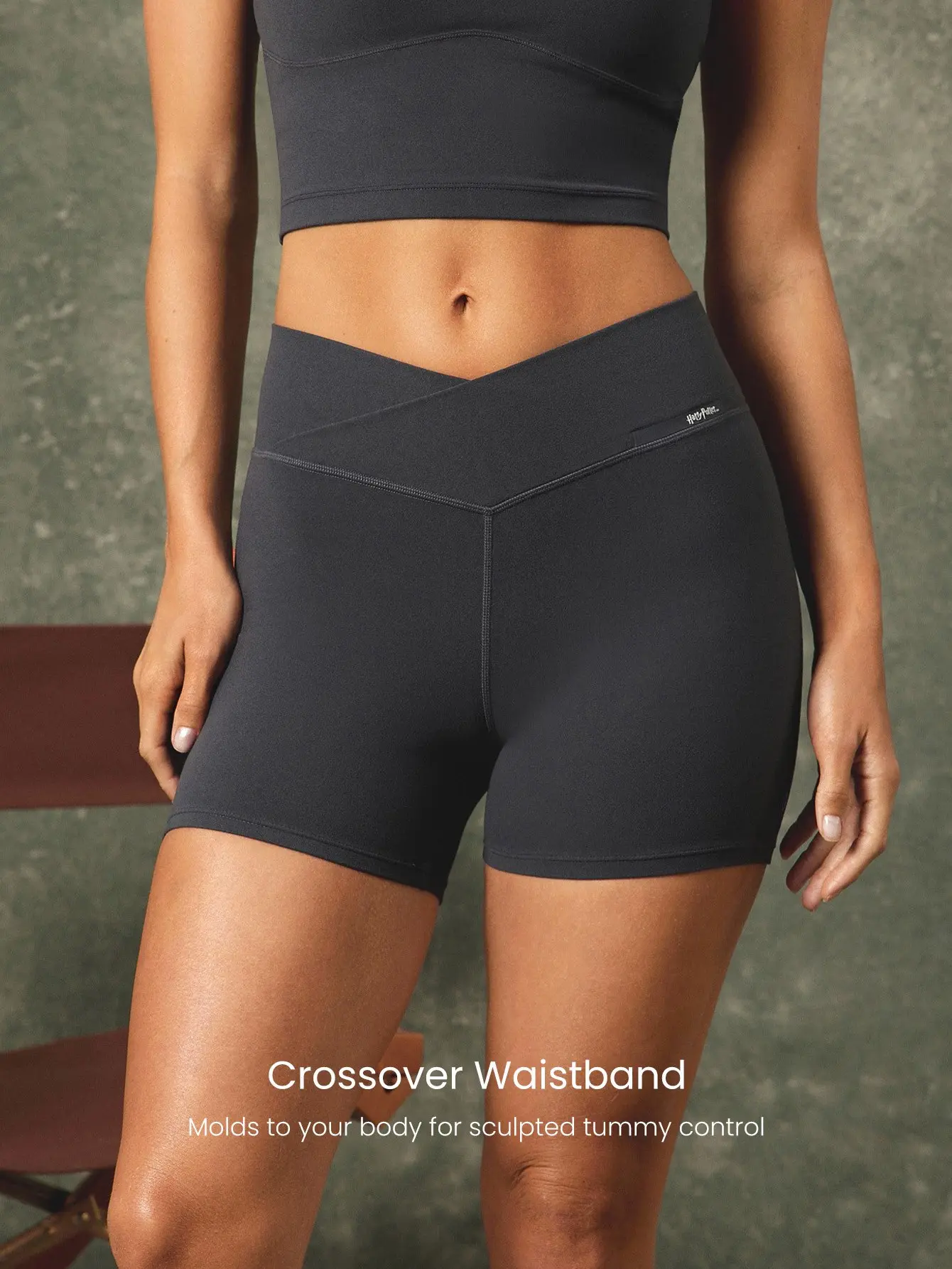 GLOWMODE X Harry Potter 4.3" FeatherFit Sweat-Wicking Soft Stretchy Crossover Waist Silicone Label Back Graphic Waist Pocket Shorts Low-Impact Yoga Pilates Barre Studio Daily Casual Wear