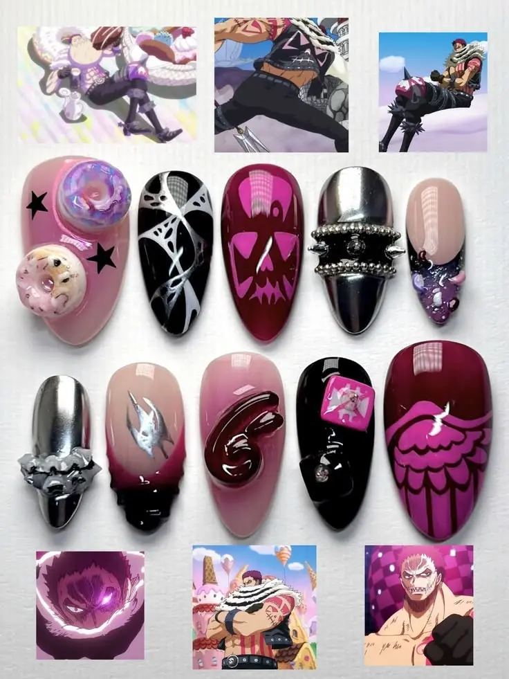 Charlotte Katakuri Inspired Press On Nails Handmade 3D 1 Piece Anime Gothic Pink Black Donut Gel Press On Nails Reusable | Free Adhesive Tabs Nail File & Cuticle Stick