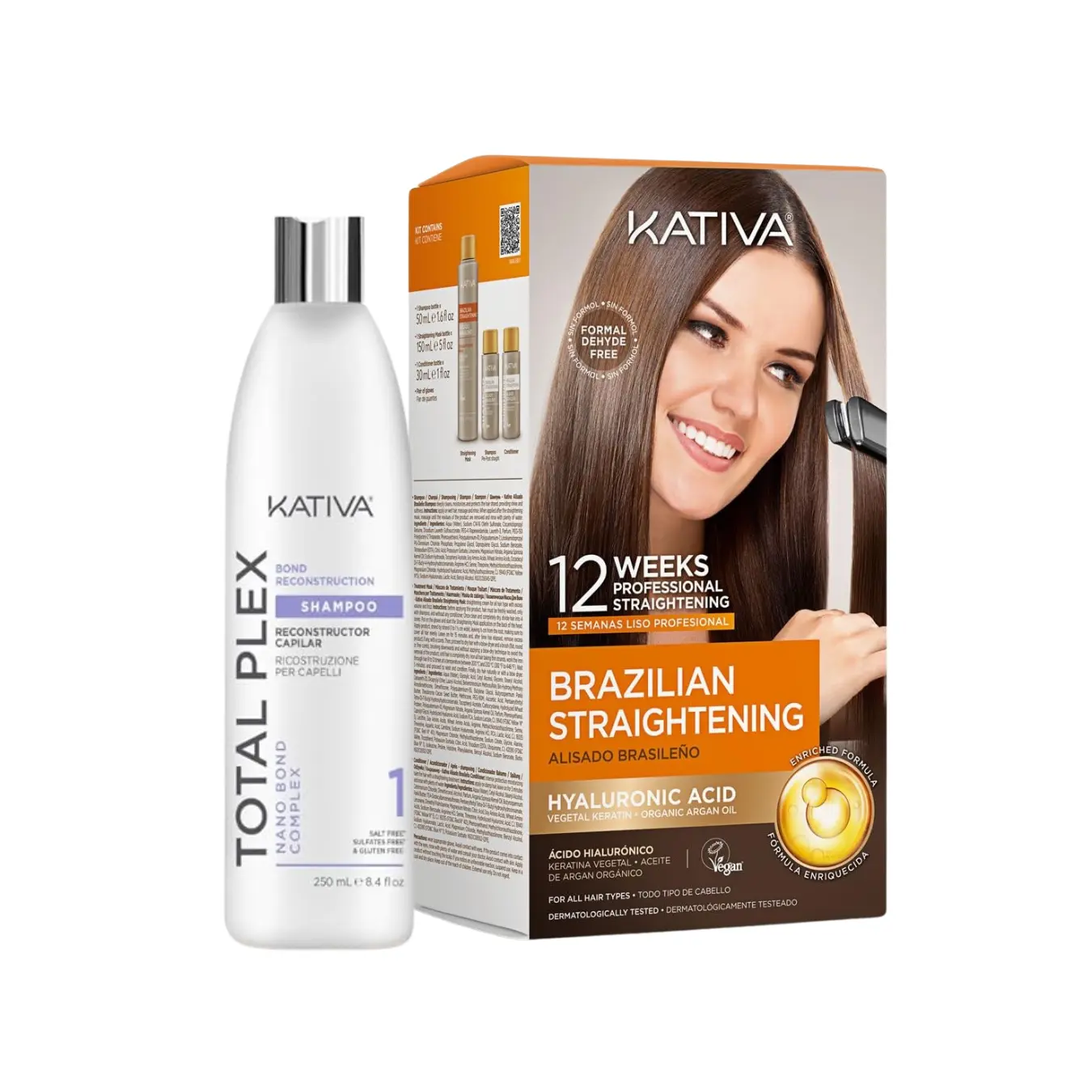 Kativa Brazilian Keratin Straightening Kit - 650ml Gluten-Free Haircare Set with Total Plex Bond-Rebuild Wash, Nano Bond Repair Treatment, Argan Oil, Shea Butter, Non-Toxic Cleanser, Conditioner, Up to 12w Smooth Anti-Frizz Hydration