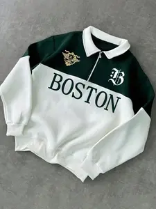 1 Piece Men’s Athletic Pullover Sweatshirt, Color Block Design with Boston Lettering and Badge Print, for Casual Outings and Sporty Lifestyle