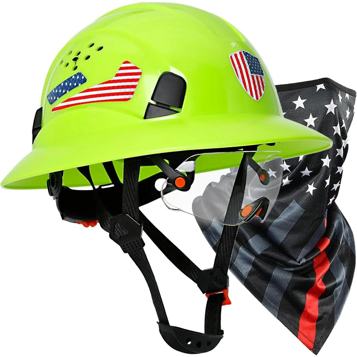 Adult Unisex Full Brim HDPE Shell Safety Helmet - Vented Airflow, Visor, Neck Gaiter, Chin Strap, Reflective Flag Sticker, Hi-Viz Stripe, Ratchet Suspension, Debris Shield, Envelope Gift for Gardening, Farming, Forestry