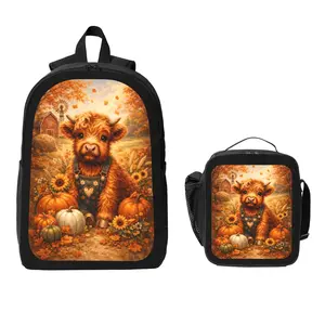 Adorable Cute Highland Cattle Backpack and Lunch Bag Set Bundle Large Capacity Backpack with Insulated Lunch Tote Lightweight Durable Multi Pocket Design Comfortable Shoulder Straps Travel Daily Use Organizer Stylish Matching Set Unisex