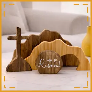 Christian Easter He is Risen Decor, Empty Tomb Cross Easter Decoration for Home, Easter Wooden Resurrection Scene Set Table Mantel Office Kitchen Decor Gift (Brown-4pcs)