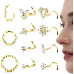 Trendy Summer Nose Studs Nose Rings 18G Nose Rings Studs Gold Small Nose Studs - L Shaped Corkscrew Hoop Nose Ring - CZ Butterfly Heart Flower 316L Surgical Steel Tiny Nostril Nose Piercing Jewelry for Women Men 11Pcs