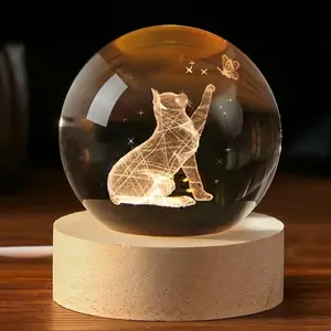 Exquisite Cat Crystal Ball Night Light, 2.36inch Glass Ball Lamp with Wooden Base, Whimsical Cat Lover Gifts for Women, Unique Snow Ball Gift Idea