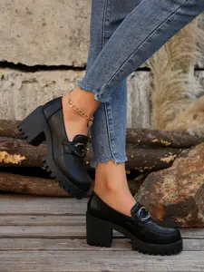 Women's Thick Sole Platform Loafers, One-Click Slip-On Shoes, Comfortable Height-Increasing Mom Shoes, Casual PU Leather High Heel Jk Shoes