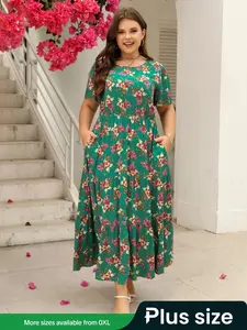 【Plus Size】 Floral Print Ruffle Hem Dress, Elegant Casual Short Sleeve Dress for Daily Outdoor Wear, Women Clothing for Spring & Fall