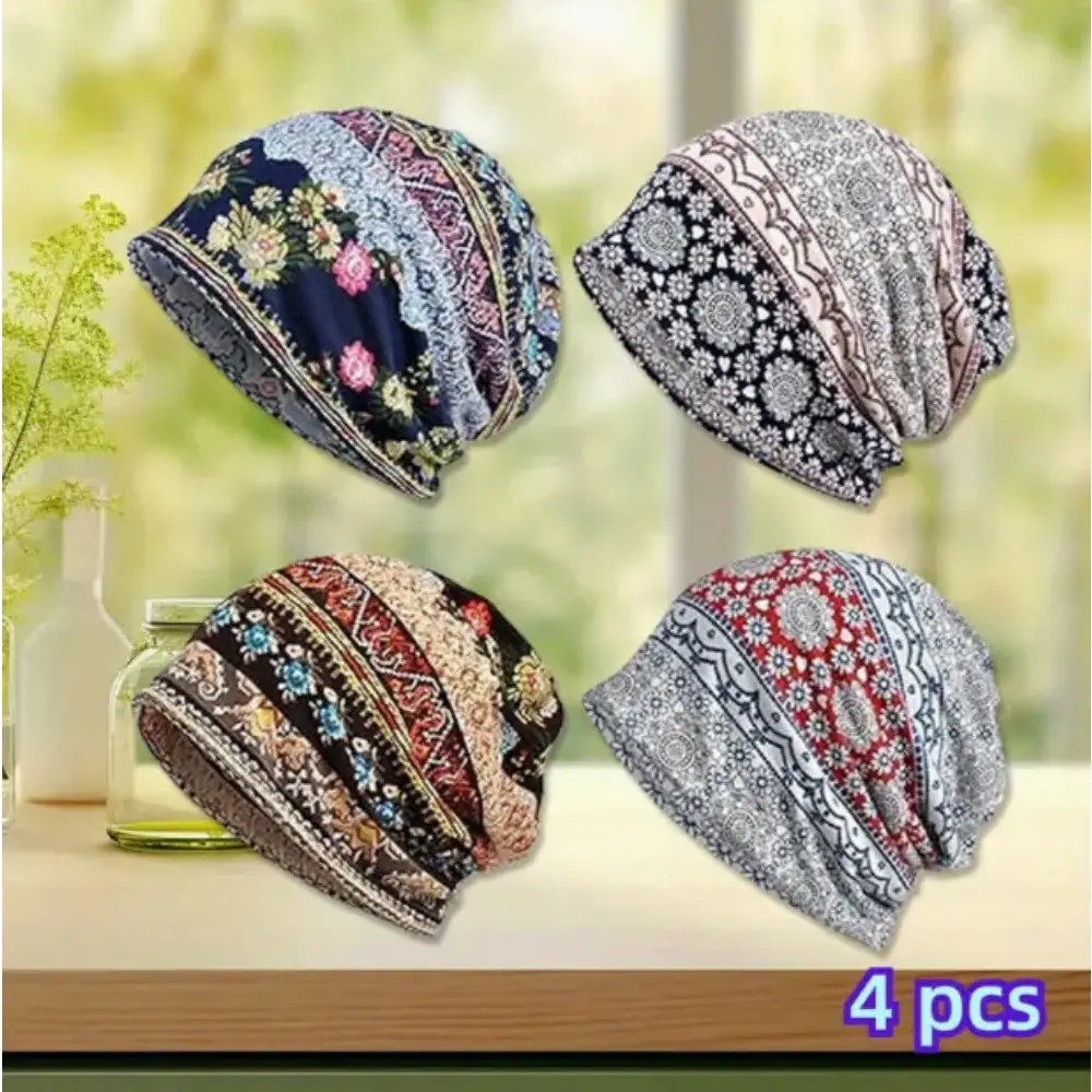 4pcs Soft Cotton-Elastane Blend Beanies for Men & Chemo Patients - Lightweight, Easy-Clean Paisley Hip-Hop Skull Caps, Stylish Prints, Ideal for Running & Outdoor Activities, Hair Loss Coverage