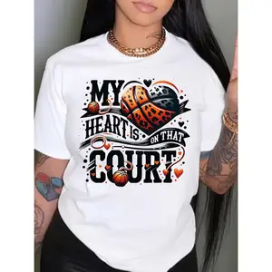 Women's Basketball Graphic Print Crew Neck T-Shirt - "My Heart Is On That Court" Slogan, Orange/Black/White Design, Semi-Sheer Casual Top with Medium Stretch, Machine Washable for Summer & Spring, Basketball Shirt, Leisure Clothin