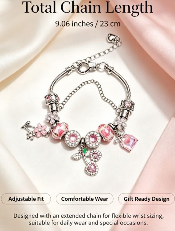 Silver Snake Chain Charm Bracelet with Pink Floral Glass Beads, Rhinestone Cherry, Sakura Flower & Pink Crystal Charms, Adjustable Extension Chain Dainty Flower Jewelry Gift for Women Teen Girls