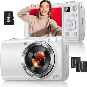 8K Digital Camera for Photography, 88MP WiFi Vlogging Camera for YouTube with Front Rear Lens, Autofocus, 16X Zoom, Compact Travel Cameras with Flash,  Screen, 64GB Card, 2 (White)