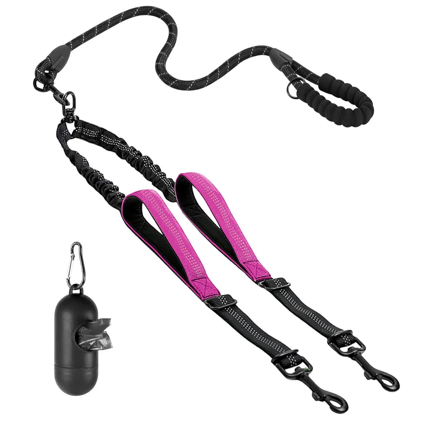 Dual Dog Leash for 2 Dogs, 360° Swivel Tangle-Free Bungee Coupler with Shock Absorption and Adjustable Reflective Collars