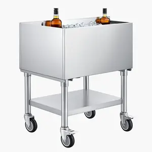 Commercial Ice Bin, 65.1 Qt Maximum Capacity, 24 x 19 x 35 Inch Stainless Steel Ice Chest With Sliding Lid, Bottle Holders, Cooler Cart Cocktail Unit For Bar, Restaurant, Pub, NSF Certified