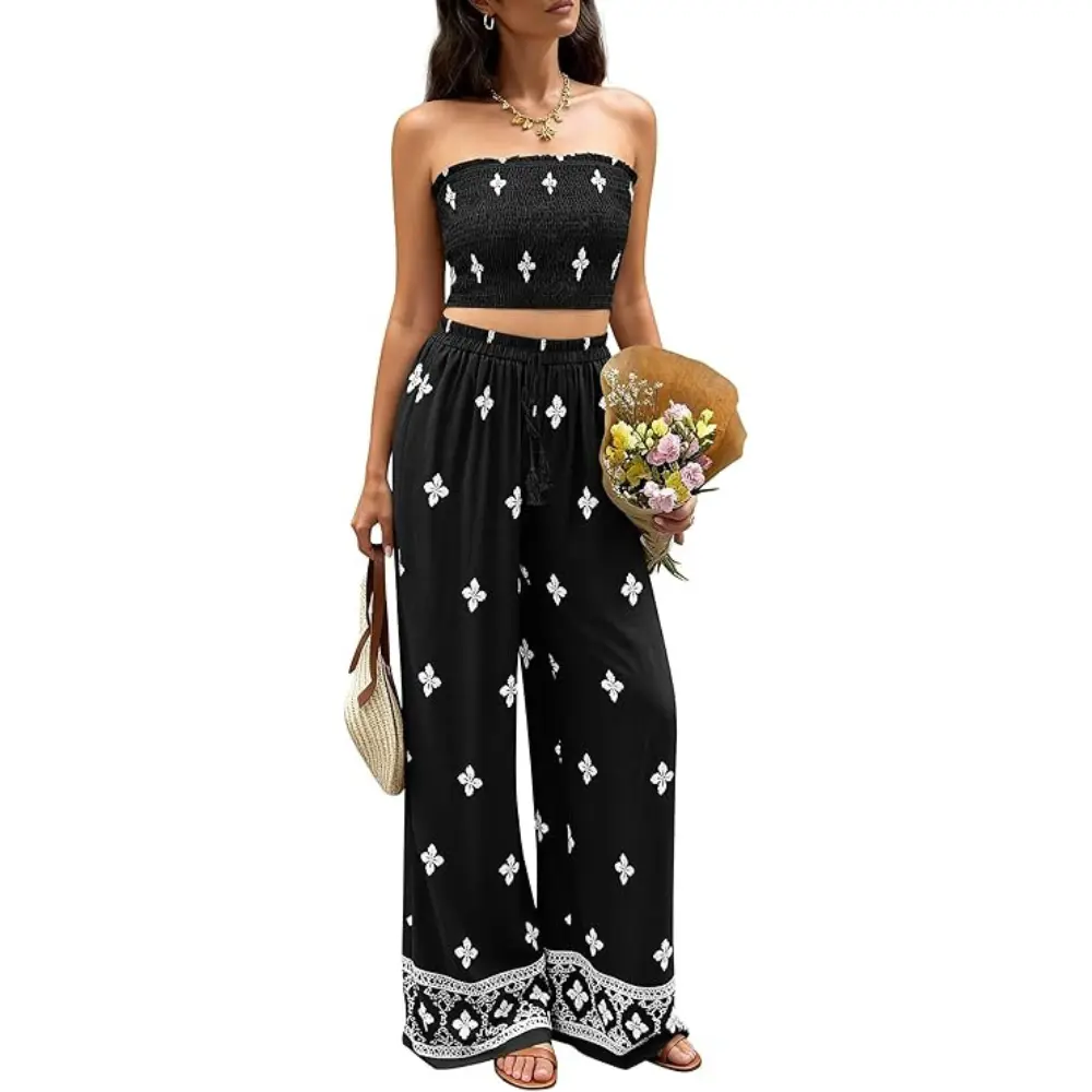 PrettyGarden Printed Tube Top 2-Piece Sets for women Summer Travel Outfits Beach Vacation Tube Top&Pants set  Clothes