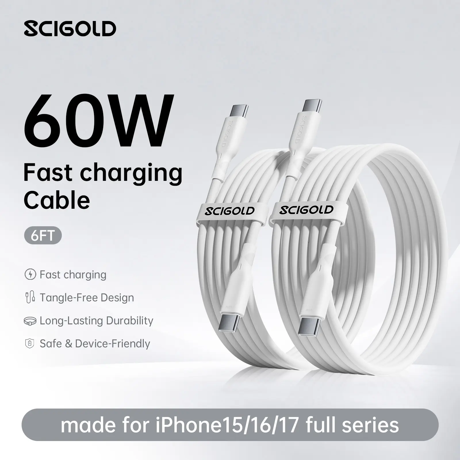 Scigold 2-Pack USB-C to USB-C 60W Fast Charging Cable 6FT, Soft Silicone PD Charger Cord for iPhone 15/16/17 Series, Samsung Galaxy S24/S23, MacBook Air/Pro, iPad Pro