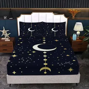 Moonlit Starry Sky Bedding Set 3-Piece (1 Fitted Sheet + 2 Pillowcases), Soft Breathable Digital Print, Ideal for Living Room Bedroom