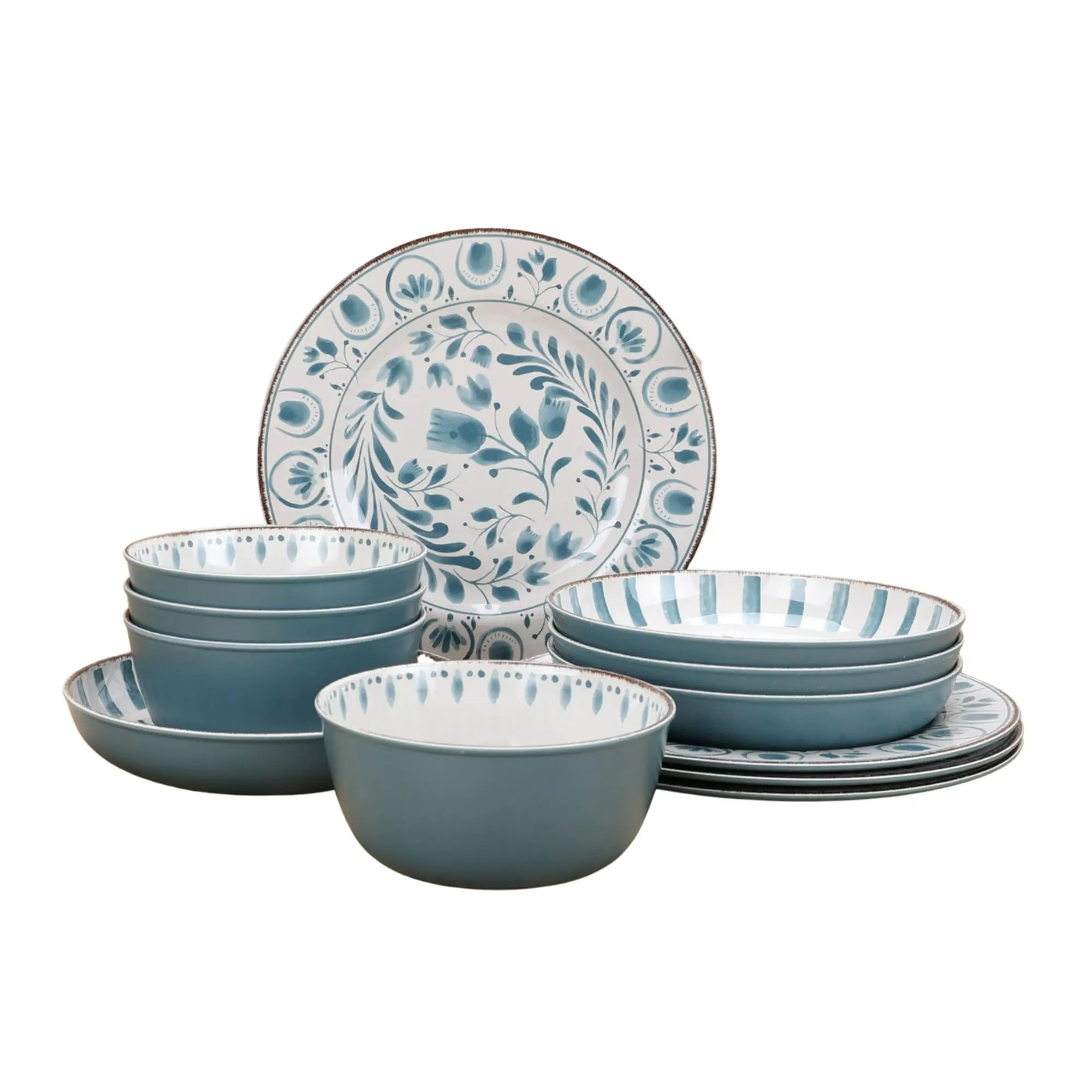Better Homes & Gardens 12-Piece Bamboo Melamine Dinnerware Set, Blue