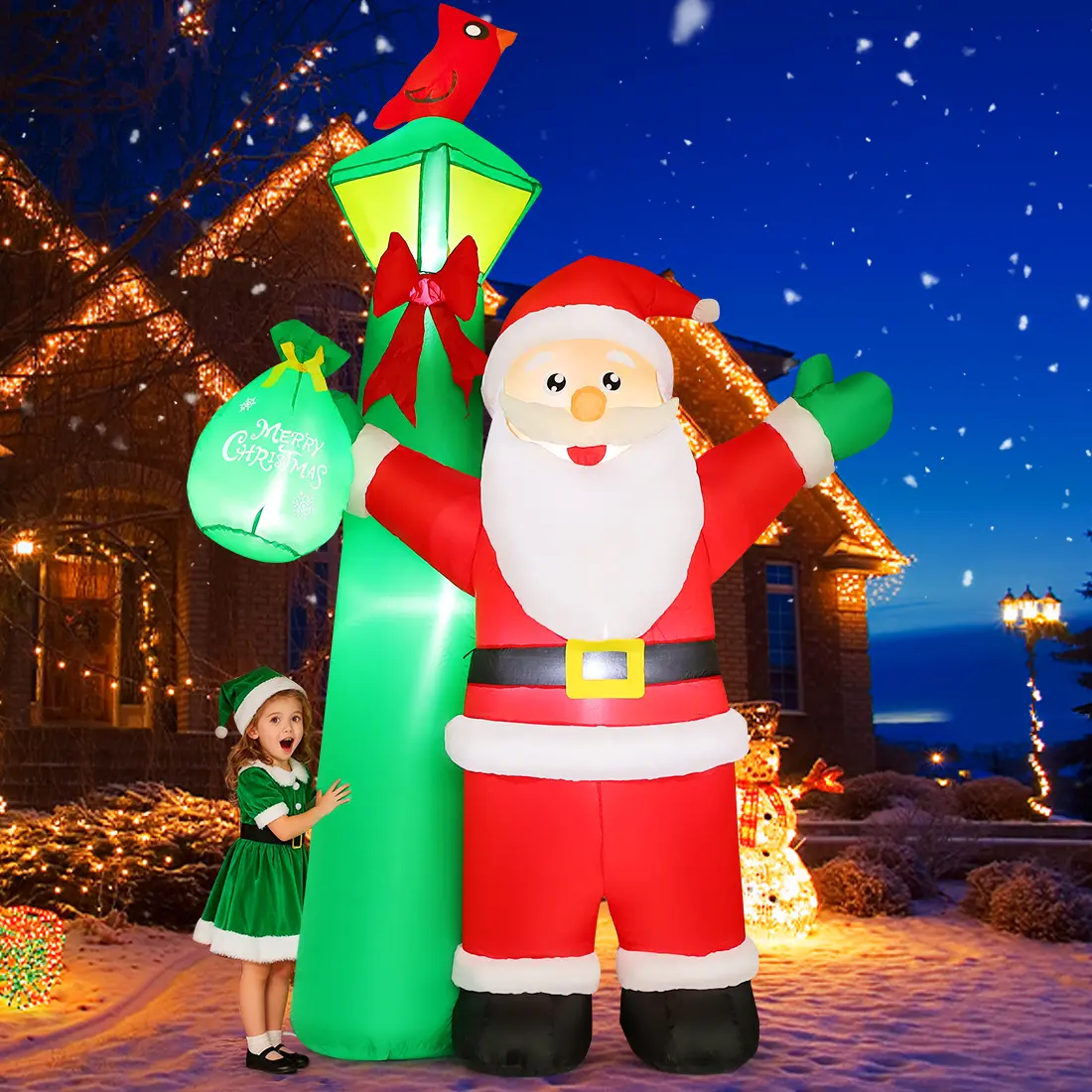 GOOSH 8.2 FT Standing Christmas Inflatable Santa Claus Outdoor Decor, Giant Santa Under Green Lighthouse with Built-in LEDs for Garden Lawn, Indoor Party Use