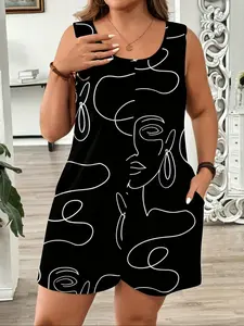 Women's Plus Size Printed Knit Sleeveless Jumpsuit, Comfortable Fashion Design, Perfect for Casual Wear, Spring and Fall Season