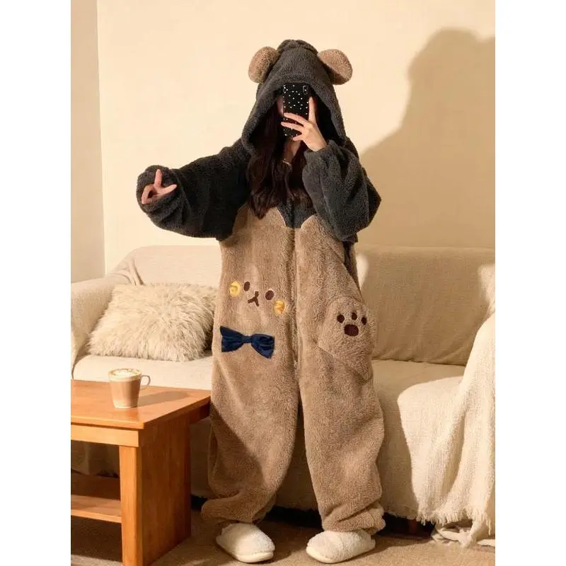 Women’s  Onesie Pajamas, Plush Fleece Hooded Loungewear with Ears and Pockets, Soft Cozy Animal Jumpsuit Sleepwear Winter Home Wear