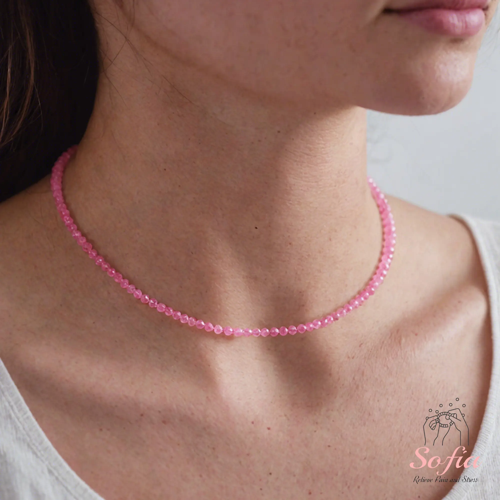 Women's Handmade Delicate Pink Tourmaline Beaded Choker Necklace - Tiny Faceted Natural Crystal Beaded Chain, Waterproof, Minimalist Accessory Necklace, 16" Length Adjustable Fit, Daily Wear Gift, Faceted Gems