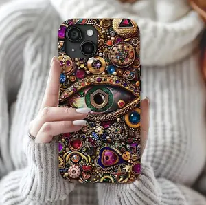 Evil Eye Charm Mosaic Phone Case, Collage Design with Realistic Gold and Purple Gem Effects for iPhone 16, 15, 14, 13 12 11 Pro Max 2
