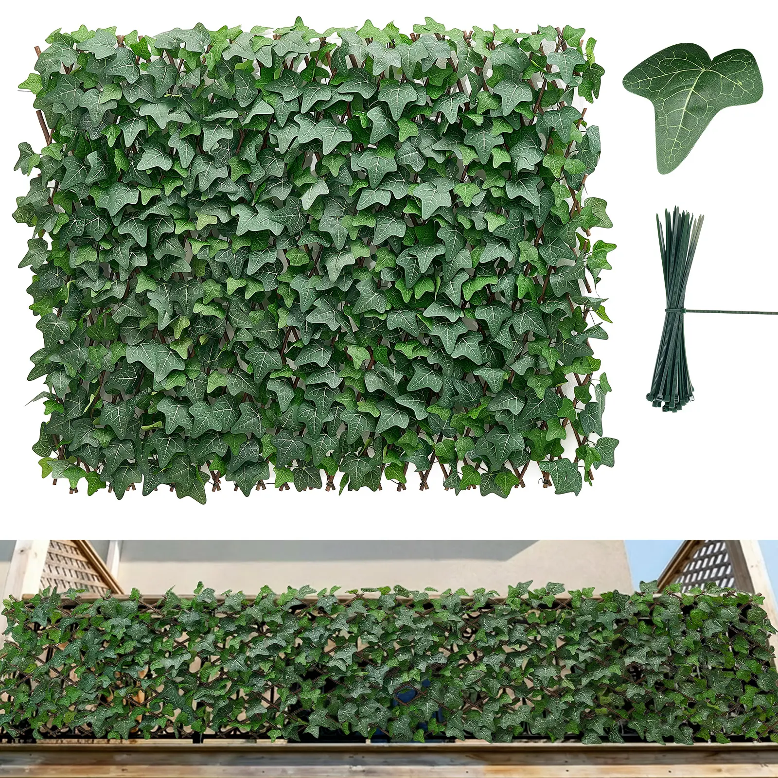 【SummerFinds】VEVOR Expandable Privacy Fence Screen, 25x126 in Foldable Faux Ivy Panel Hedges with 50 Zip Ties & 30 Real Wood Slats, Natural Look Fabric Green Wall Decor, Fade-Resistant for Sunlit Patios, Balcony Patio Decor, Fathers Day Gift