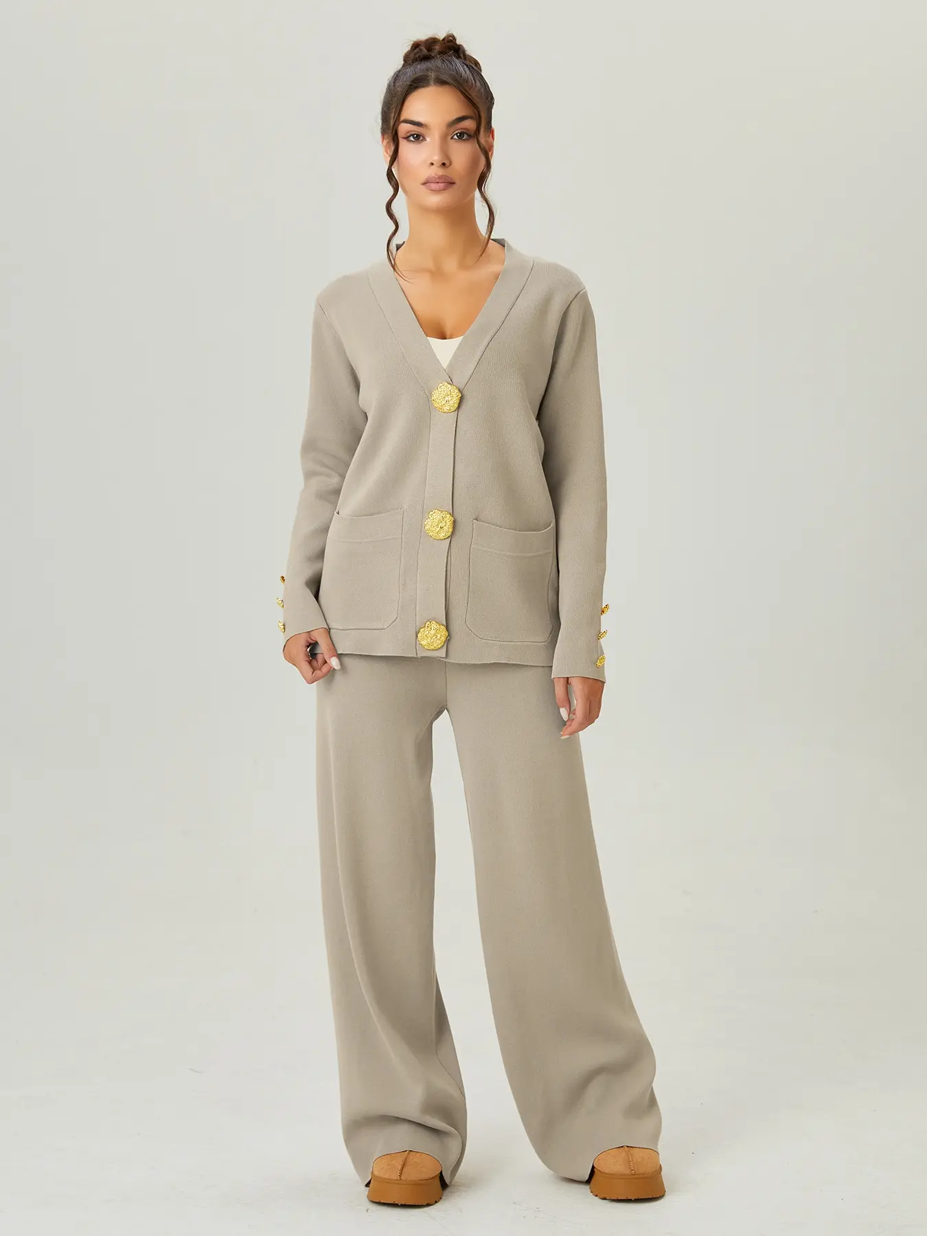 Women's Versatile V-Neck Gold-Toned Button Side Pocket Cardigan & High Waist Wide Leg Trousers Co-ord