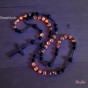SleekHush Natural Obsidian Yooperlite Rosary Necklace with Hematite Stone Cross Pendant UV Reactive Protection 36 Inches Gift for Her Him Handcrafted Healing Accessory