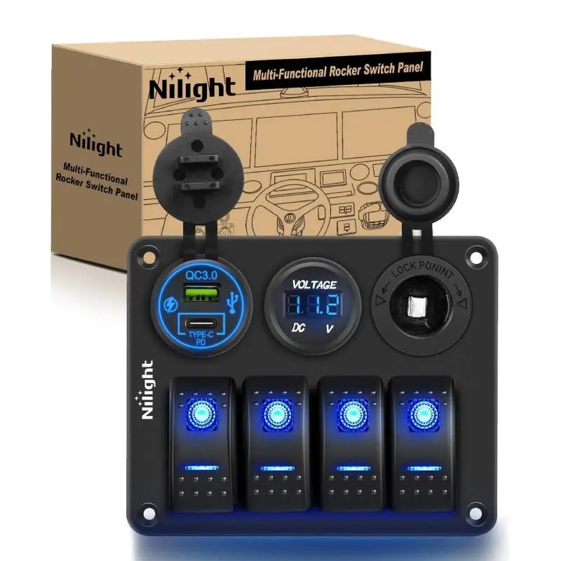 Nilight 4-Gang Waterproof Pre-Wired Aluminum Rocker Switchboard - 12V-24V ON-Off, PD Type-C/USB Multi-Port Electrical Sockets, Voltmeter Power Monitor, ABS Plastic Construction, for Trucks, Camper, Outdoor Lighting, Led Light