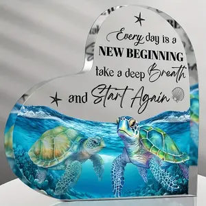 1PC Heart Shaped Acrylic Decorative Plaque Desktop Decoration with Two Turtles, Inspirational Quotes for Ocean Life Theme Home Office Kitchen, Home Decor Products, Novelty Decor, Unique Gift Ideas for Birthdays Weddings Graduations
