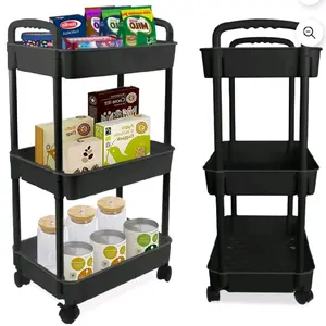 3-Tier Rolling Cart with Handles for Kitchen & Bathroom Storage Black Plastic Utility Trolley with Wheels