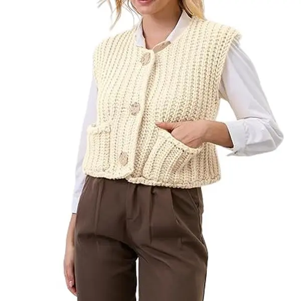 Women's Solid Crochet Knit Sweater Vest - Lady's Casual V-Neck Button-Down Chunky Cropped Top with Pockets, 1-Piece Design, Sleeveless, Cardigan, Knitting, One Piece