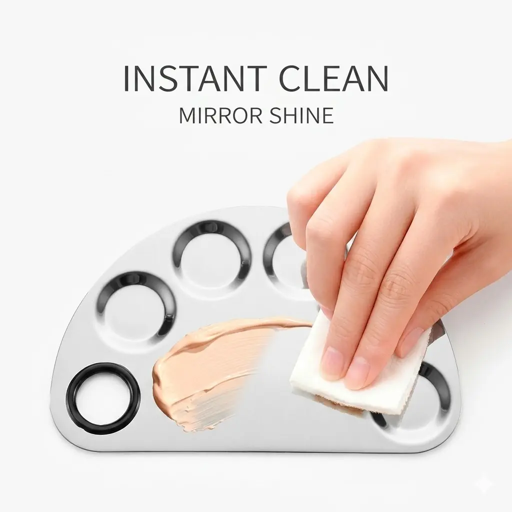 Stainless Steel Makeup Mixing Palette - Semicircle Tray with Spatula for Salon, Daily Cosmetic Blending, Lightweight, Smooth, Easy Cleaning, Five Grids, Home/Salon