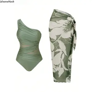 2026 Women's One Shoulder Mesh One Piece Swimsuit with Skirt, Boho Vintage Pleated Bathing Suit, Tummy Control Slimming Swimwear for Vacation, Cruise, Pool Party & Summer Travel