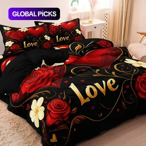 3pcs Set Romantic Deep Red Rose Love Heart Design Duvet Cover Set,Suitable For Bedroom, Hotel, Inn, School Dormitory Can Be Used As Holiday Gifts Decorative Duvet Cover (1*Duvet Cover + 2 Pillowcases No Comforter, No Pillow Core) #GLOBAL PICKS