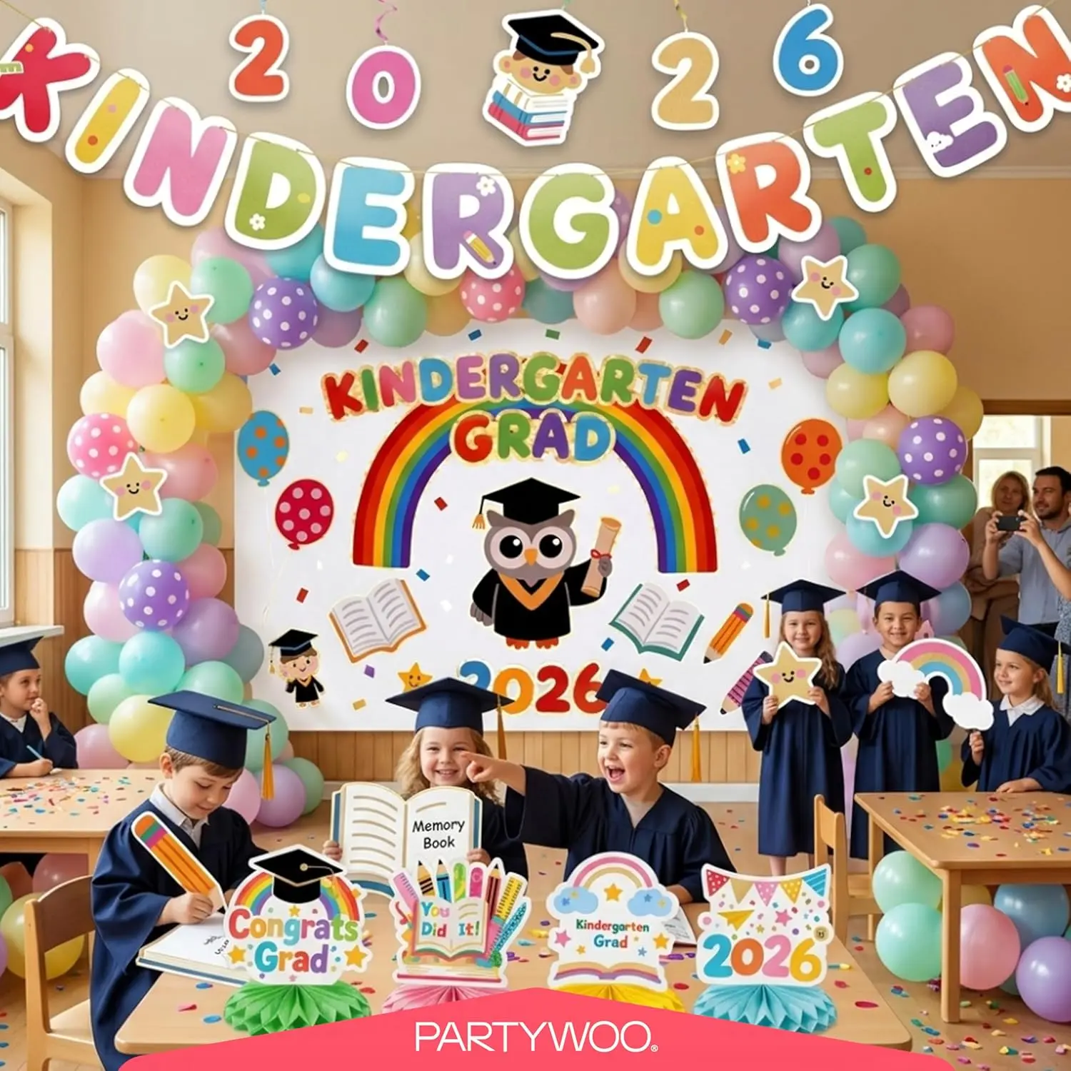PartyWoo 2026 Kindergarten Graduation Decorations Kit, 40pcs Festive Party Supplies Set with Congrats Colorful Backdrop Banner, Hanging Swirls, Latex Balloons, Graduation Cap Centerpieces (Great Gift), Graduation Decorations 2026