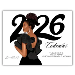 Inspired By Mona 2026 Black Women Wall Calendar 8.5x11in High-Resolution Vibrant Full-Color Premium Quality Paper Monthly Layout with Fashion Illustrations and Empowering Affirmations