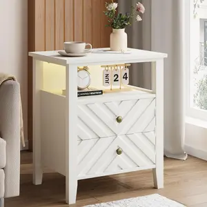 LED Nightstand with 2 Drawers & RGB Lighting, Farmhouse Wooden Legs and Open Shelf, Rustic Bedside Table for Bedroom/Living Room/Office