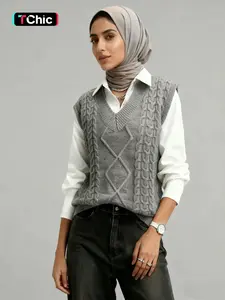 Women's Solid Textured V Neck Sweater Vest, Casual Preppy Cable Knit Pullover for Fall & Winter, Women's Knitwear for Daily Wear, Sweaters Vest