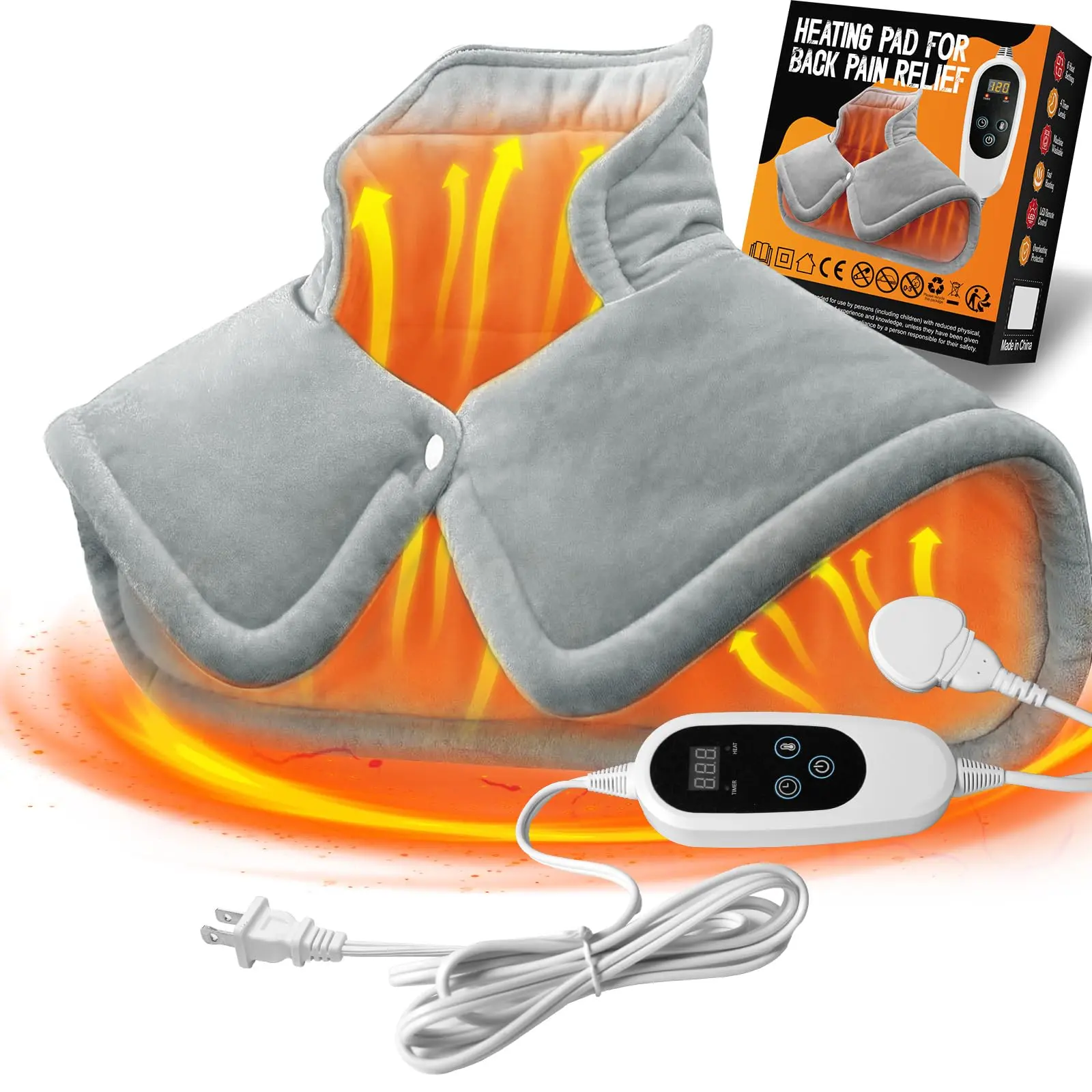 EVEREASY Plush XL Weighted Electric Neck & Shoulder Heating Pad, 22.8"x16.5" 2lb Wrap, Adjustable Heating Temperature, 6 Settings, 4 Timers, Unisex Silver Grey Home Appliance Gift for Christmas/Father's Day Adults