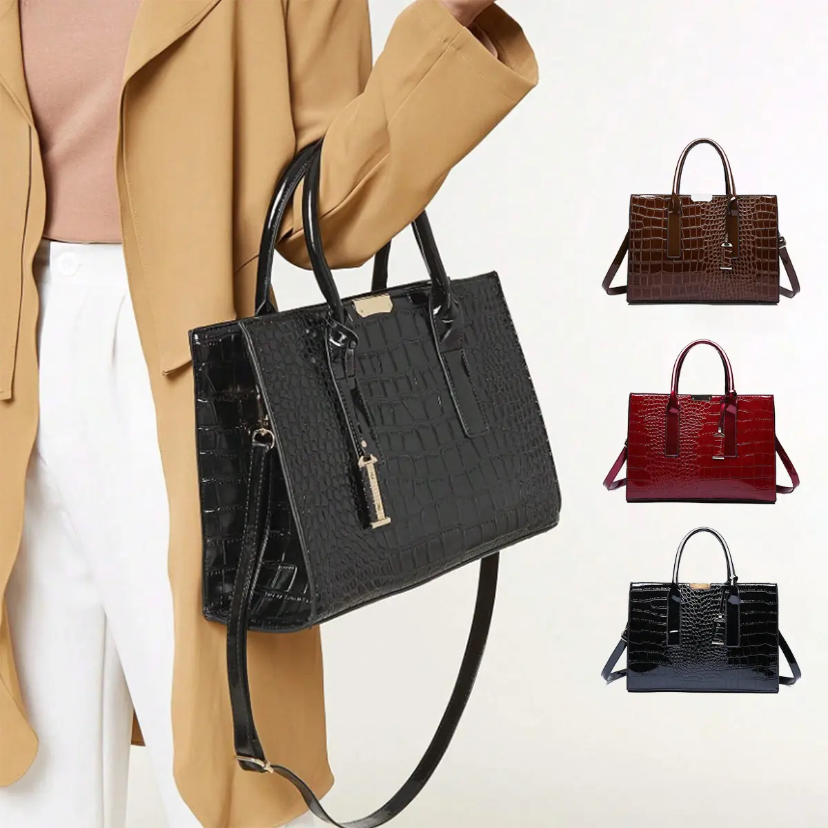 Women's Croco Print Tote Bag, Elegant Soft PU Leather Satchel with Top Handle, Convertible Crossbody Strap and Anti-theft Zip Closure, Tote Bags, Casual Wear, Synthetic, Adjustable Strap, Minimalist, Plain, Do Not Wash