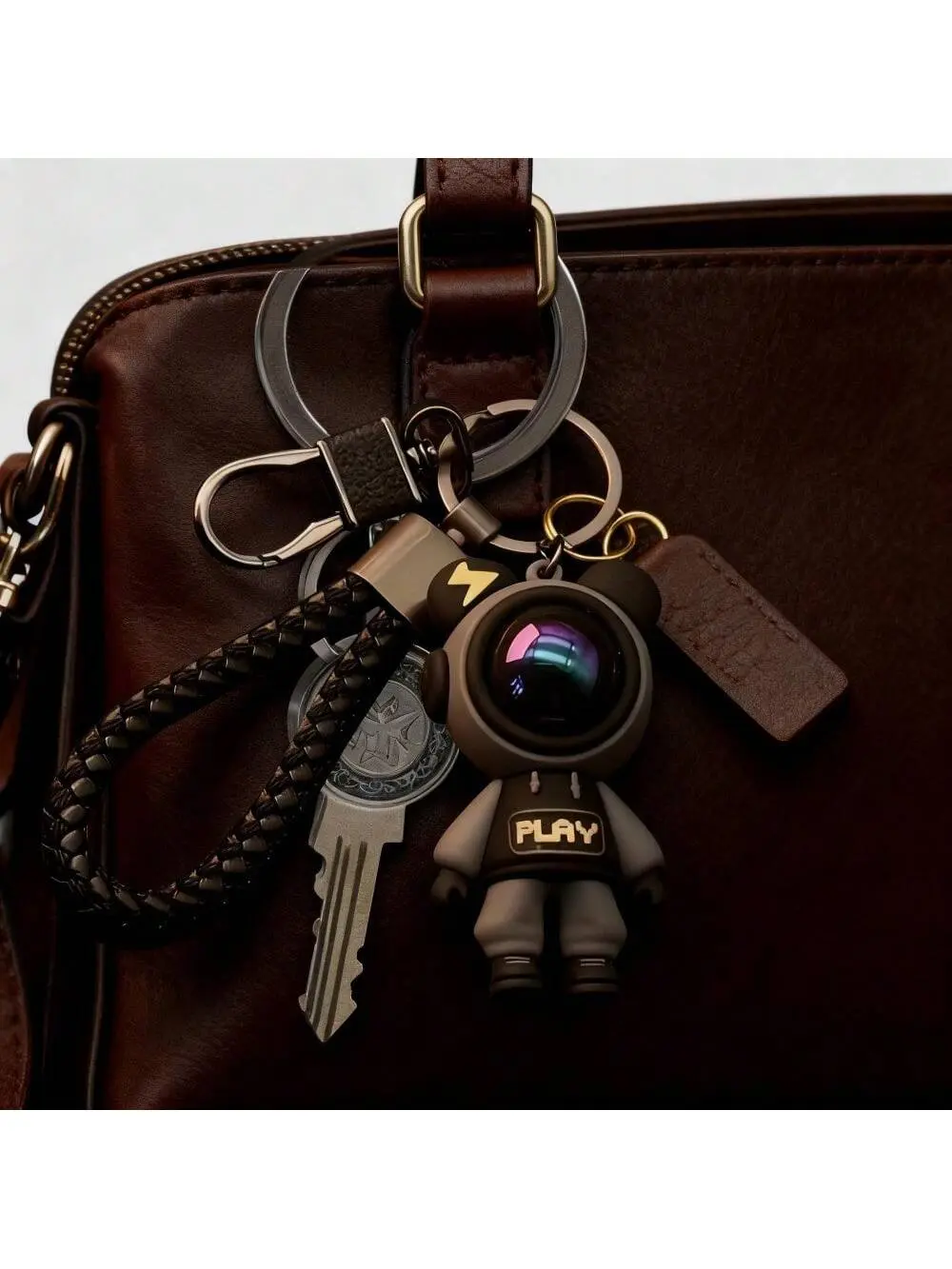 Cute Astronaut Keychain & Bag Charm, Silicone Space Figure with Braided Leather Strap, Reflective Visor Accessory for Couples, Keychain Accessory, Bag Charms, Iridescent Visor, Braided Strap, Cartoon Characters, On-The-Go Keychain Charms & Twillies