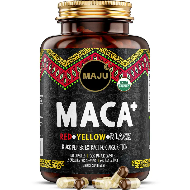 MAJU Organic Maca Capsules (120ct) - Edible Vegetarian Dietary Supplement, Red, Yellow, & Black Maca, Hormone, Healthcare, Optimum Stamina & Fitness