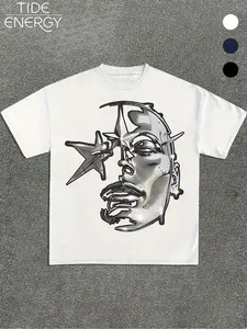 Men's Cyberpunk Metal Face Loose Fit T-Shirt, 3D Geometric Star Print Streetwear Short Sleeve, Heavy Cotton Casual Menswear Top for Music Festivals & Daily Wear